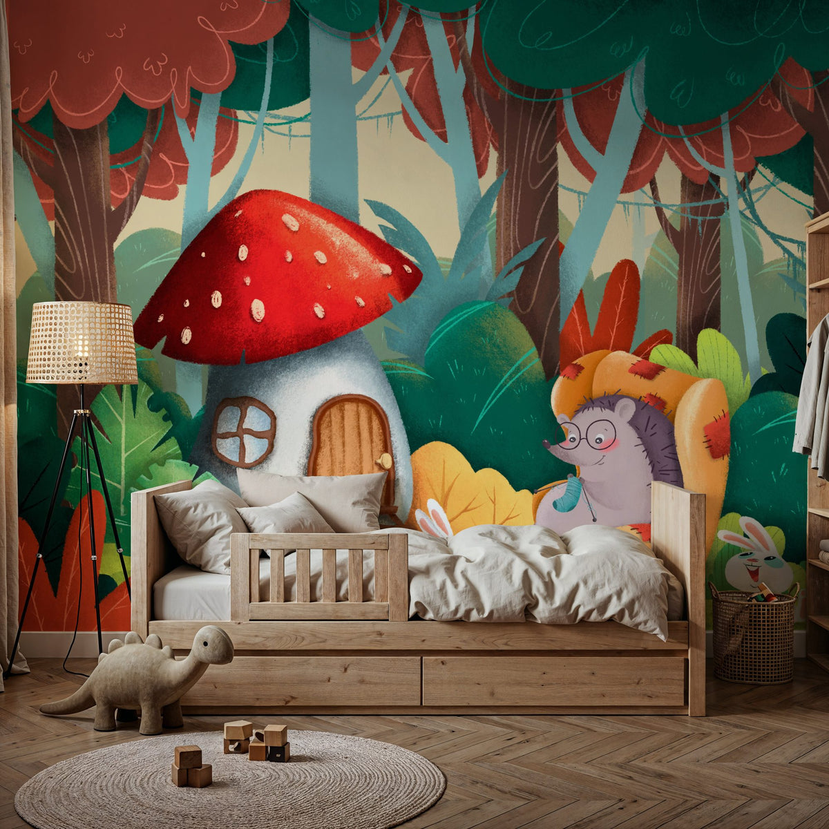 Woodland Nursery Wallpaper Mural – Baby Animals Wall Mural – Grandma Hedgehog's House wall measurement