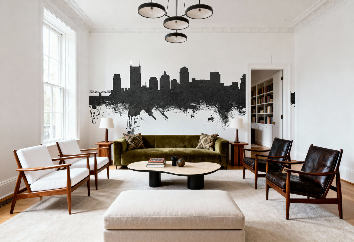 Nashville Tennessee Skyline Black & White Mural Wallpaper - room preview 03