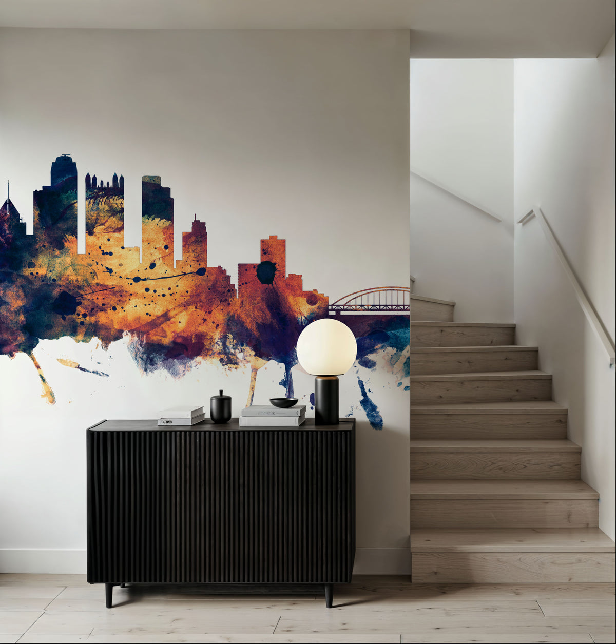 Pittsburg Pennsylvania Skyline Blue & Bronze Mural Wallpaper - room preview 03