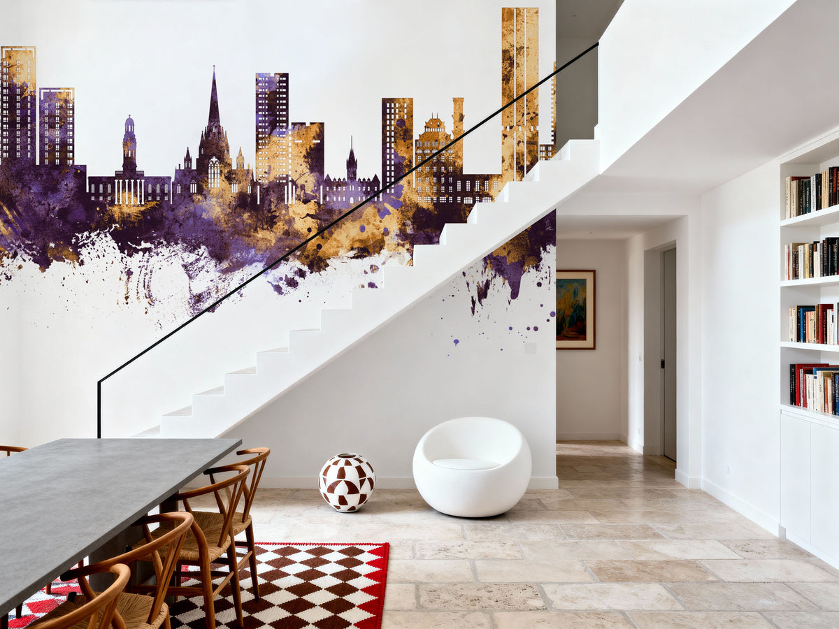 Salford England Skyline Purple & Gold Mural Wallpaper - room preview 03