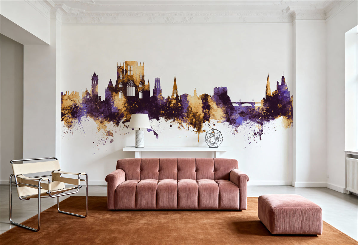 York England Skyline Purple & Gold Mural Wallpaper - room preview 03