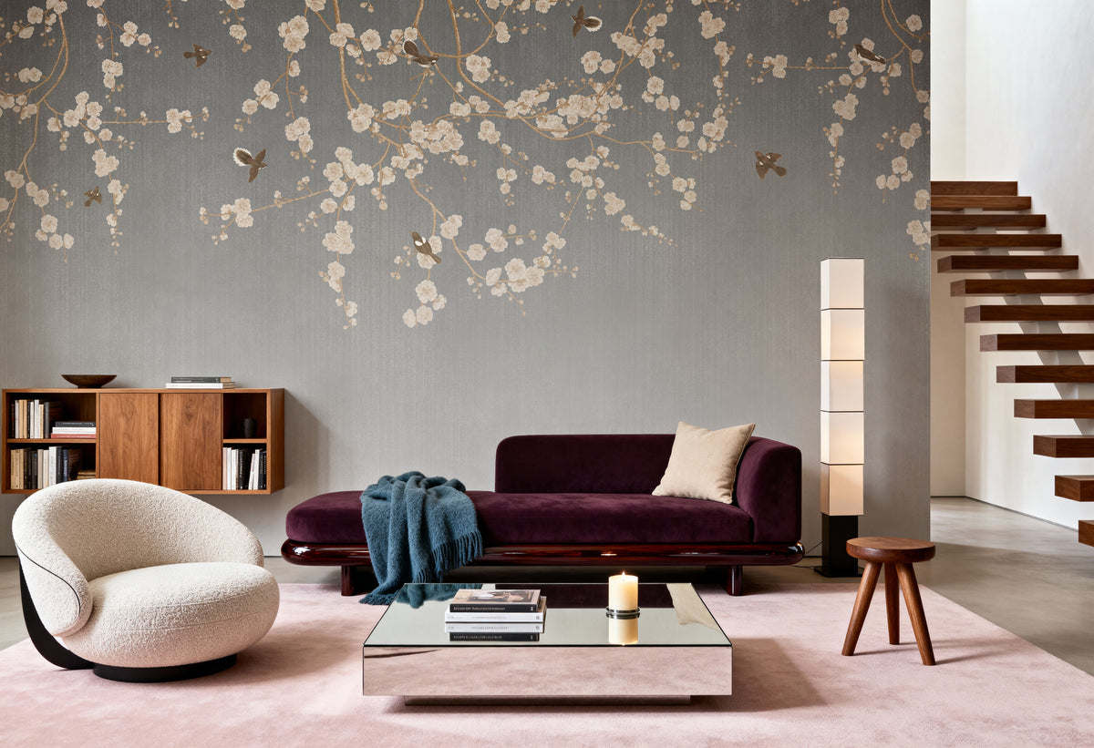 Beneath the Cherry Tree Gray Mural Wallpaper - room preview 03
