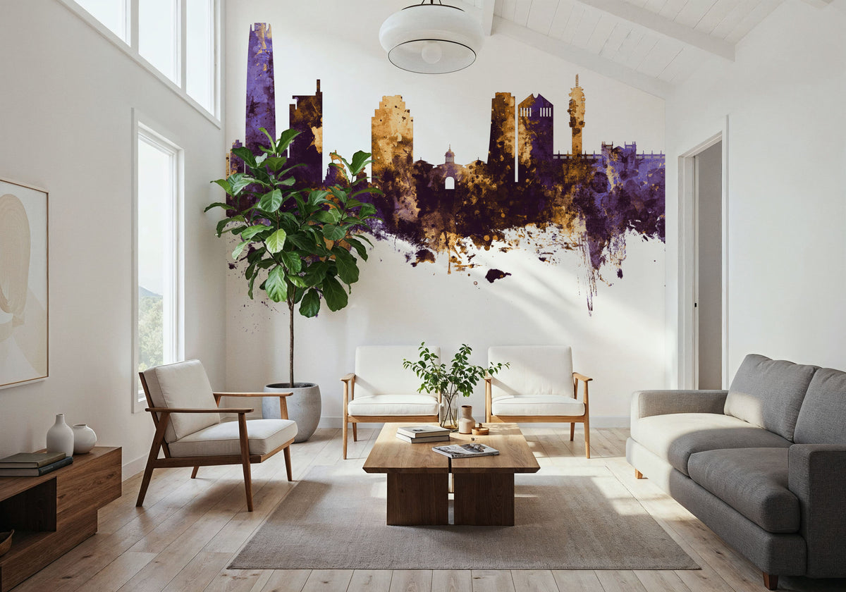 Santiago De Chile Skyline Purple & Gold Mural Wallpaper - room preview 03