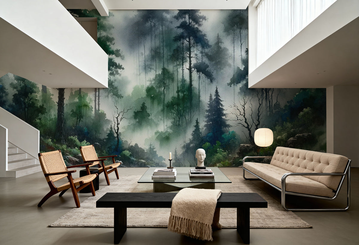 Foggy Lush Forest with Dense Trees Mural Wallpaper - room preview 03