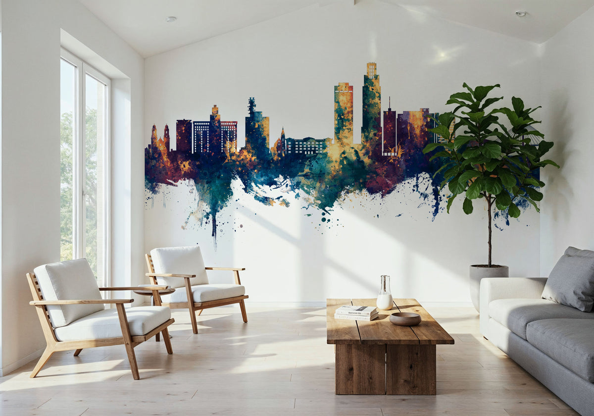Omaha Nebraska Skyline Blue & Bronze Mural Wallpaper - room preview 03