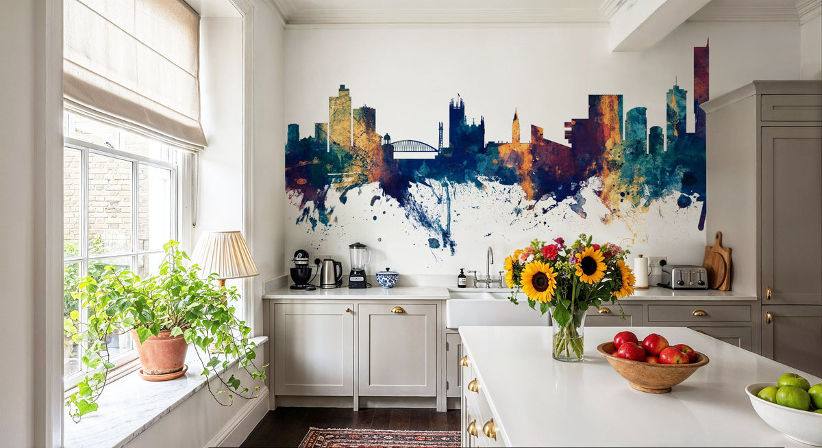 Manchester England Skyline Blue & Bronze Mural Wallpaper - room preview 03