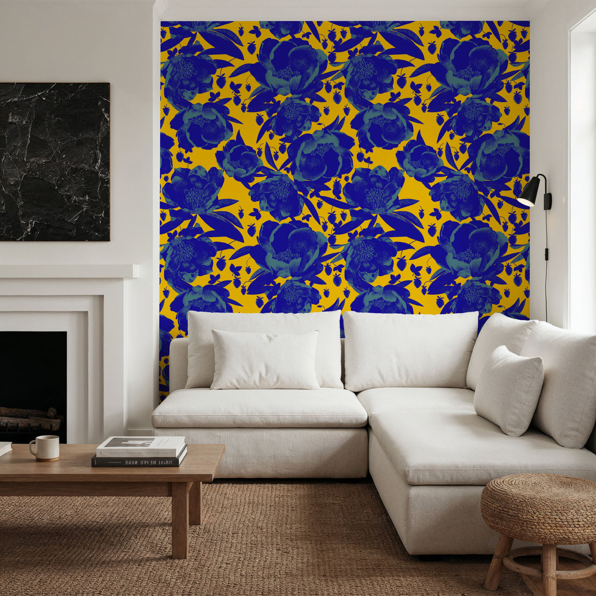 Pop Peonies, Yellow & Blue Mural Wallpaper - room preview 03