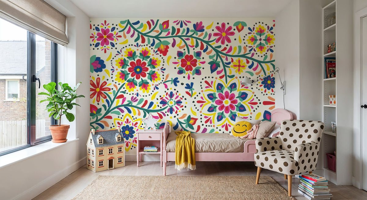 Floral Fiesta White I Mural Wallpaper - room preview 03