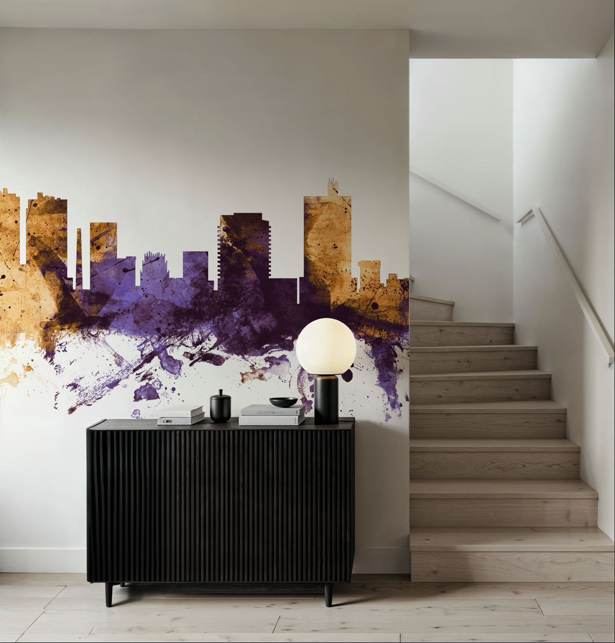 Fort Worth Texas Skyline Purple & Gold Mural Wallpaper - room preview 03