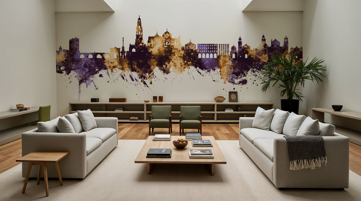 Córdoba Spain Skyline Purple & Gold Mural Wallpaper - room preview 03