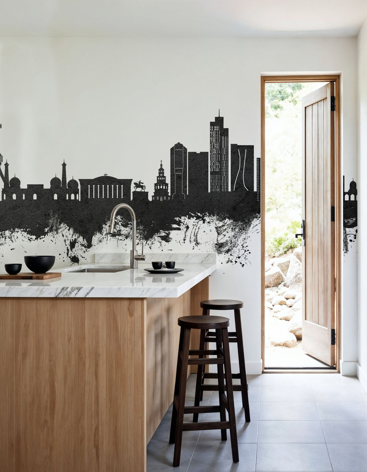 Tashkent Uzbekistan Skyline Black & White Mural Wallpaper - room preview 03