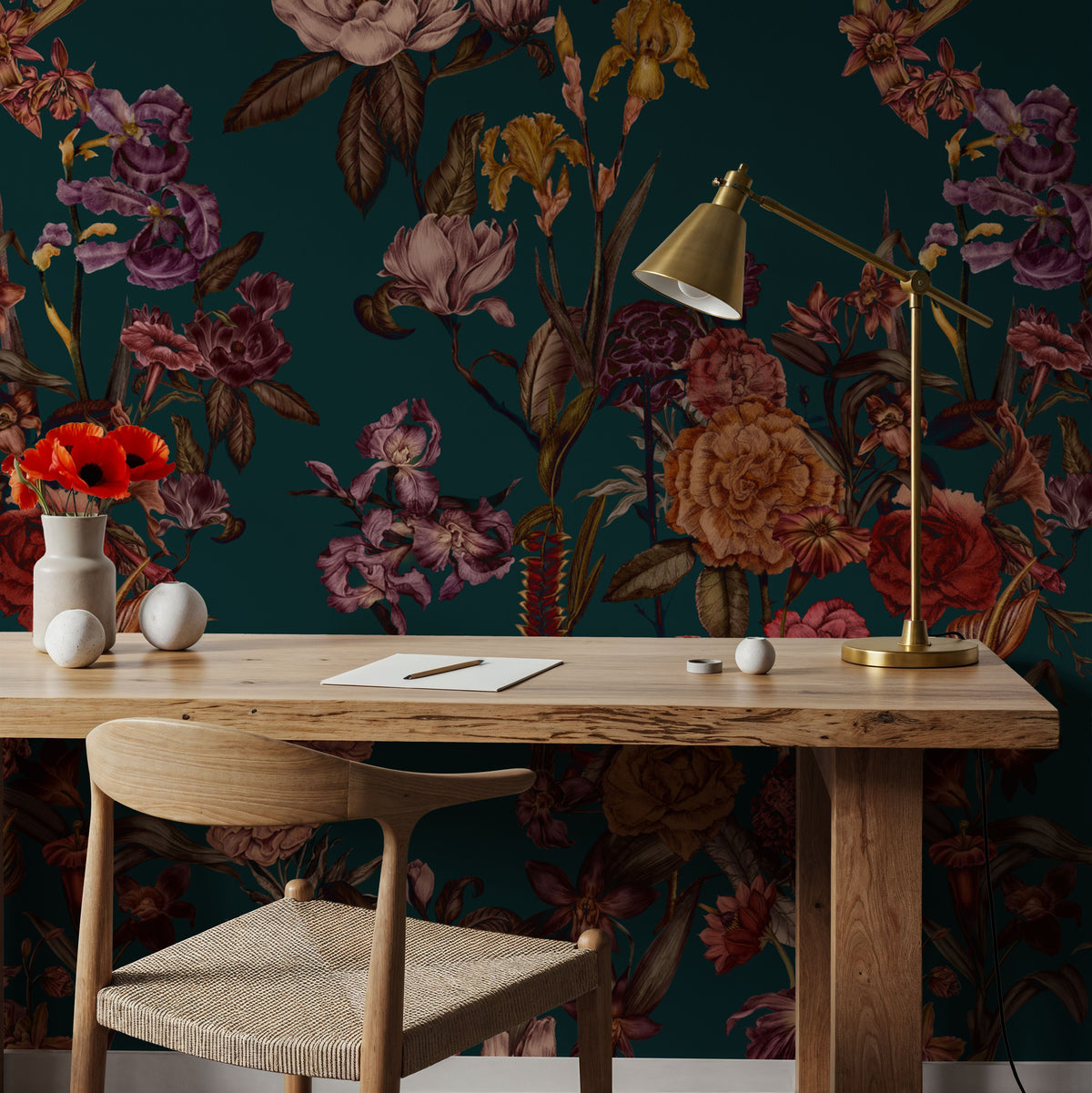 Floral Gaze, Dark Teal Mural Wallpaper - room preview 03