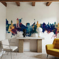 Lawrence Kansas Skyline Blue & Bronze Mural Wallpaper - room preview 03
