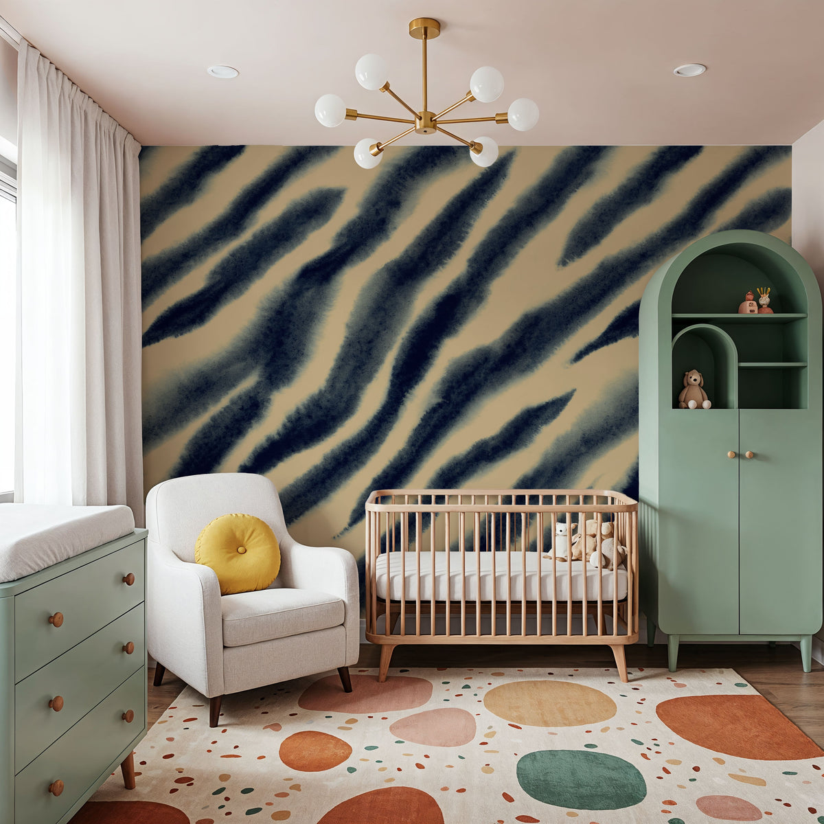 Watercolor Tiger Stripes, Blue on Beige Mural Wallpaper - room preview 03