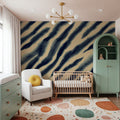 Watercolor Tiger Stripes, Blue on Beige Mural Wallpaper - room preview 03