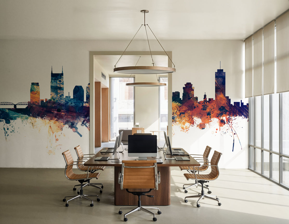 Nashville Tennessee Skyline Blue & Bronze Mural Wallpaper - room preview 03
