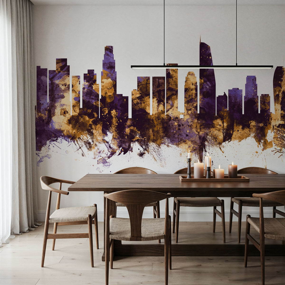 Los Angeles Skyline Purple & Gold Mural Wallpaper - room preview 03
