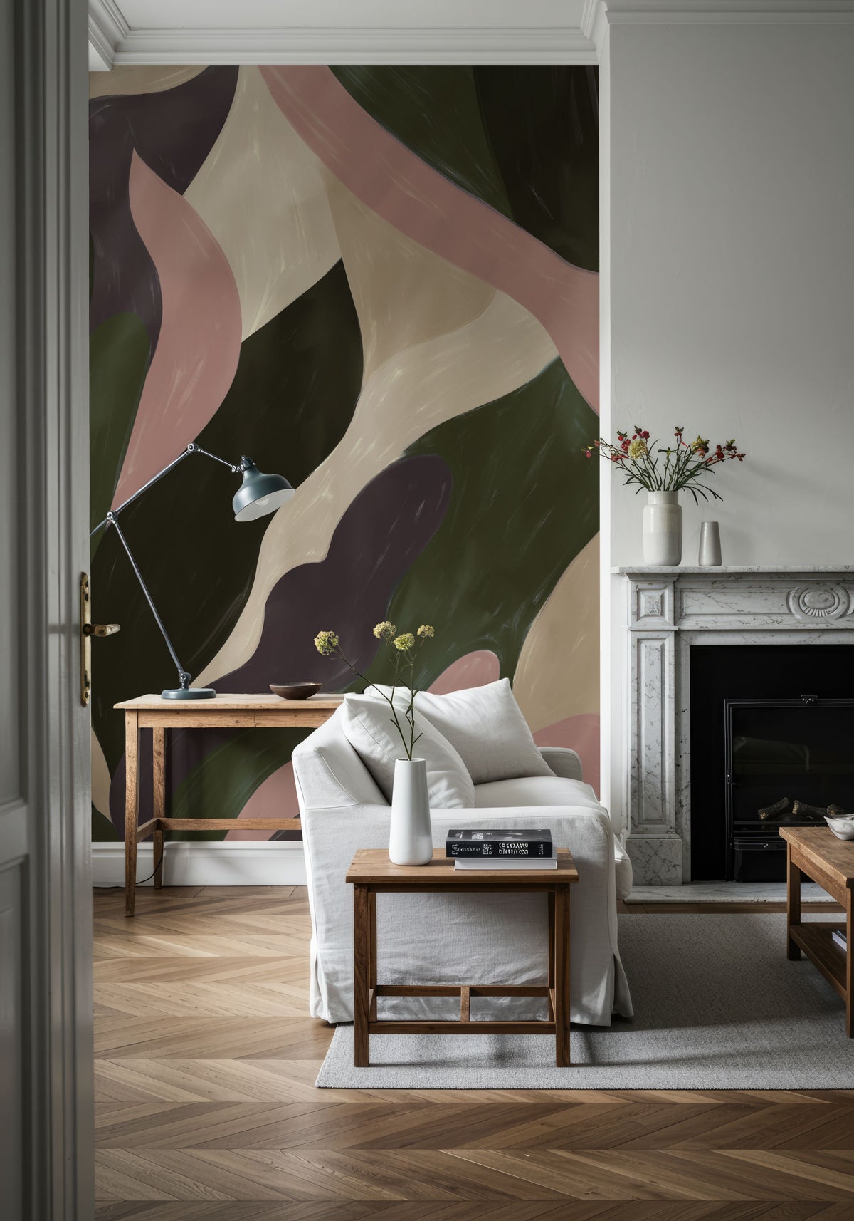Dynamic Fields, Forest Green & Rose Mural Wallpaper - room preview 03
