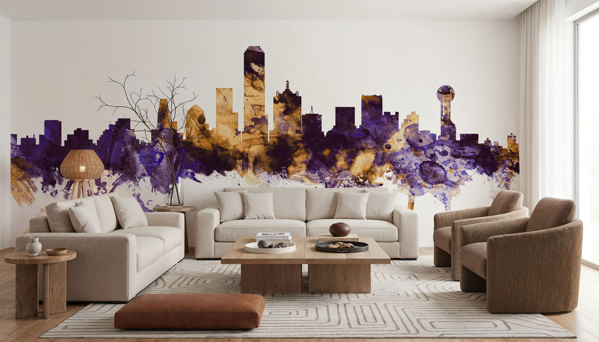 Dallas Skyline Purple & Gold Mural Wallpaper - room preview 03