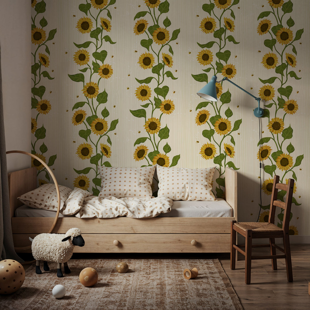 Sunflower Stripes, Cream Mural Wallpaper - room preview 03