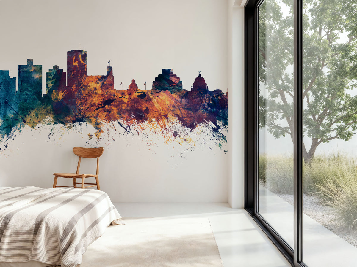 Jackson Mississippi Skyline Blue & Bronze Mural Wallpaper - room preview 03