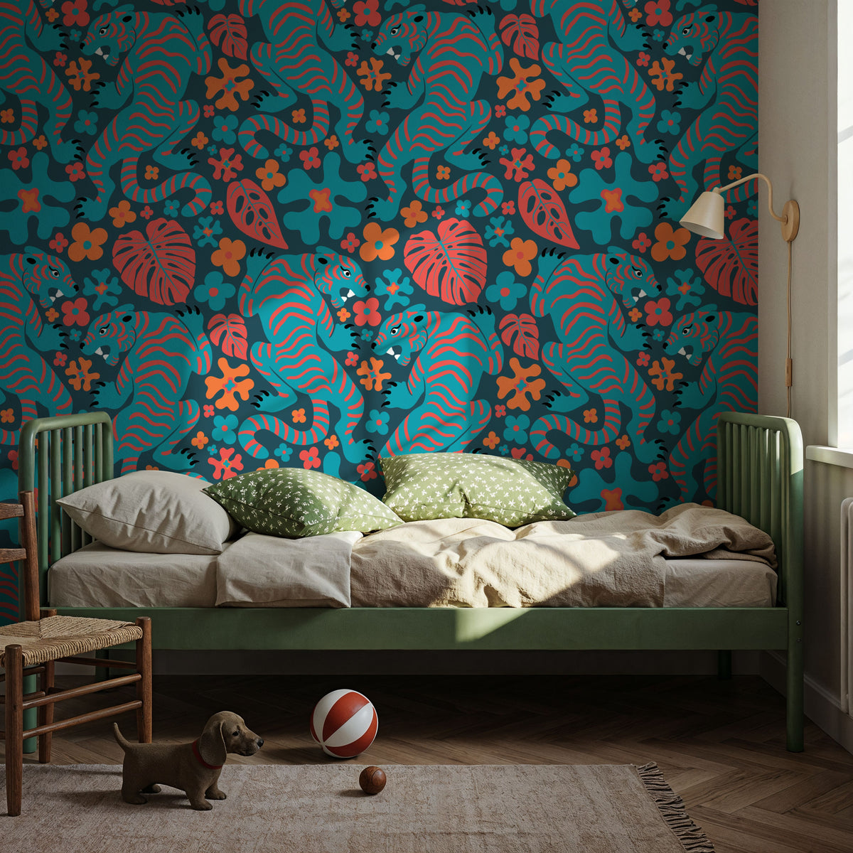 Otomi Cool Tigers, Coral & Teal Mural Wallpaper - room preview 03