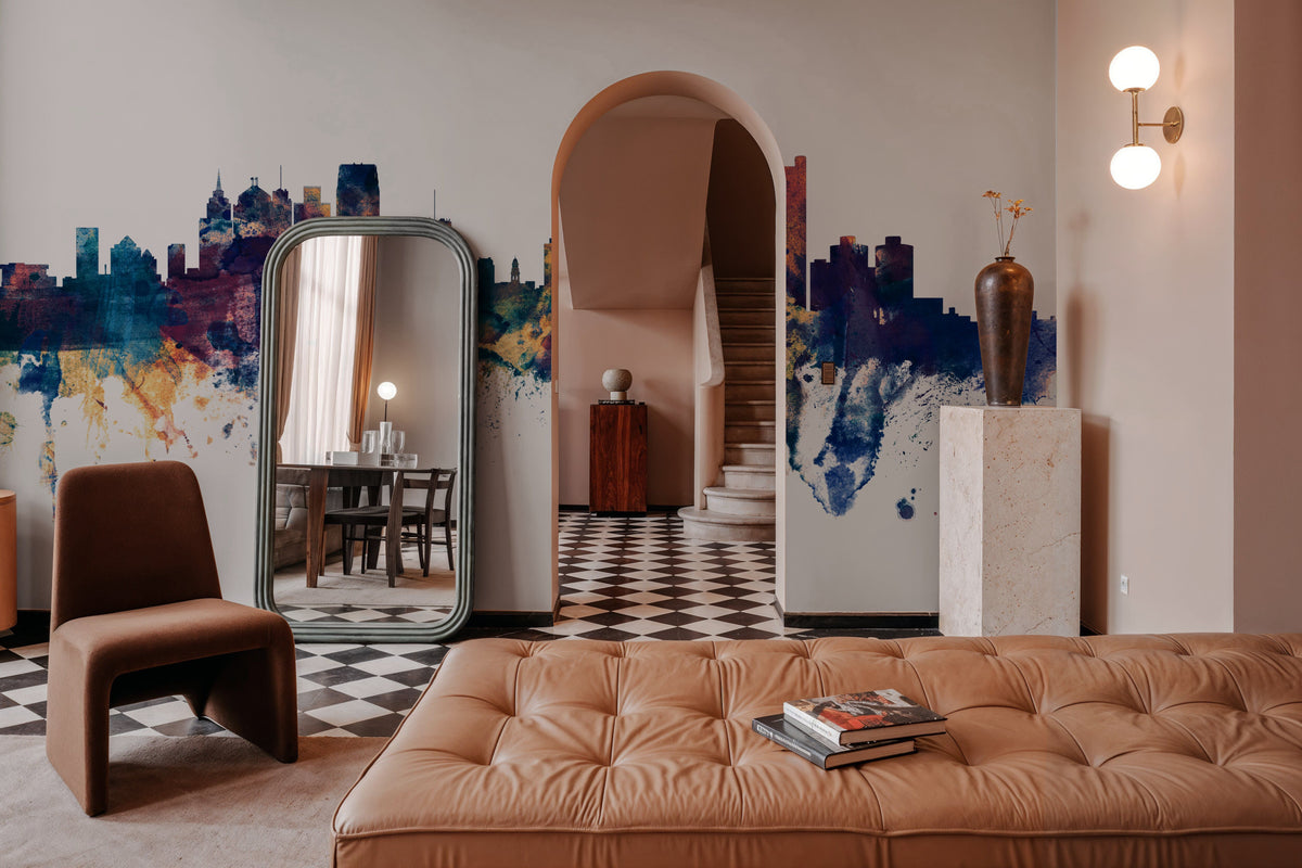 Detroit Michigan Skyline Blue & Bronze Mural Wallpaper - room preview 03