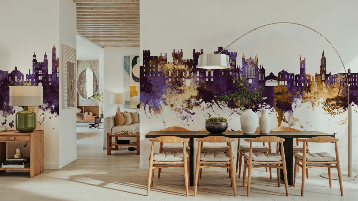 Windsor England Skyline Purple & Gold Mural Wallpaper - room preview 03
