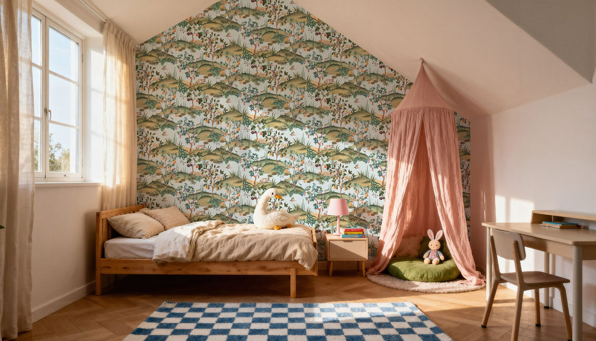 Orchard Reverie Pattern, Sky Blue Mural Wallpaper - room preview 03
