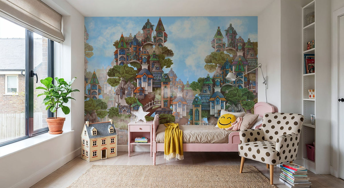 Treehouse Neighborhood Warm Bright Mural Wallpaper - room preview 03