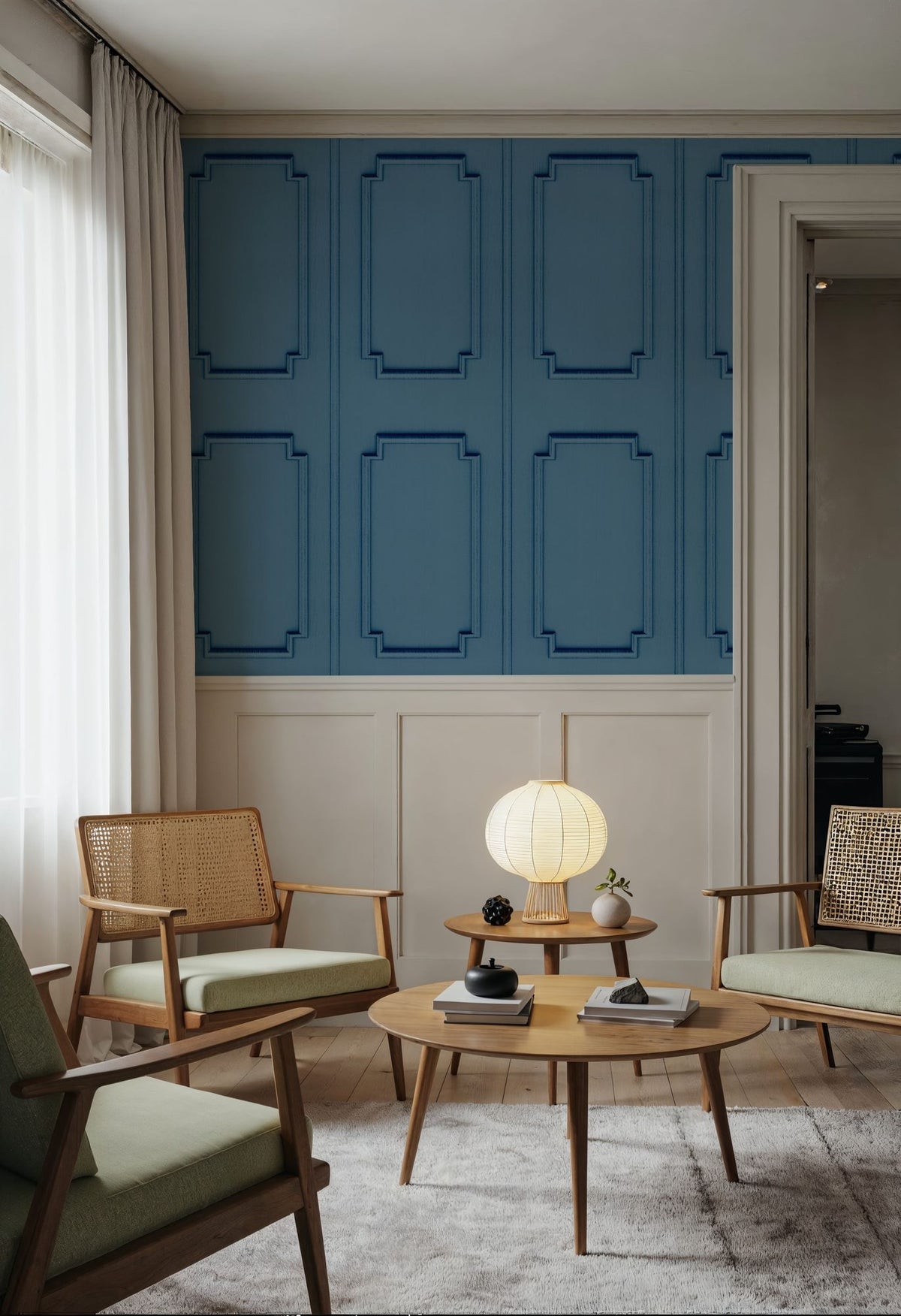 Faux Wall Panel Moulding, Sky Blue Mural Wallpaper - room preview 03