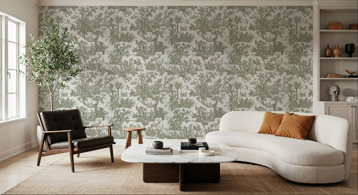 Patinated Linen Toile De Jouy, Olive Mural Wallpaper - room preview 03