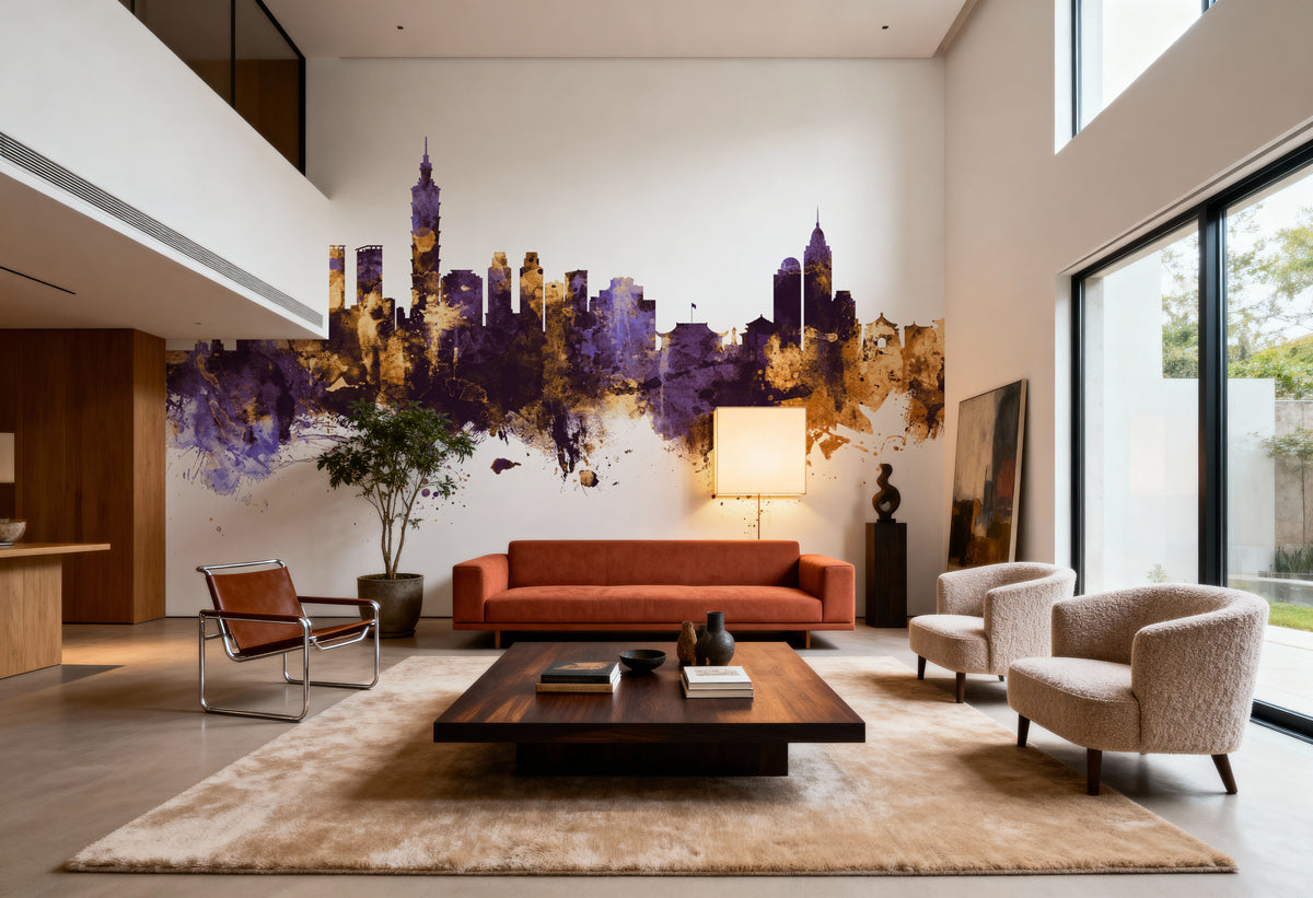Taipei Taiwan Skyline Purple & Gold Mural Wallpaper - room preview 03