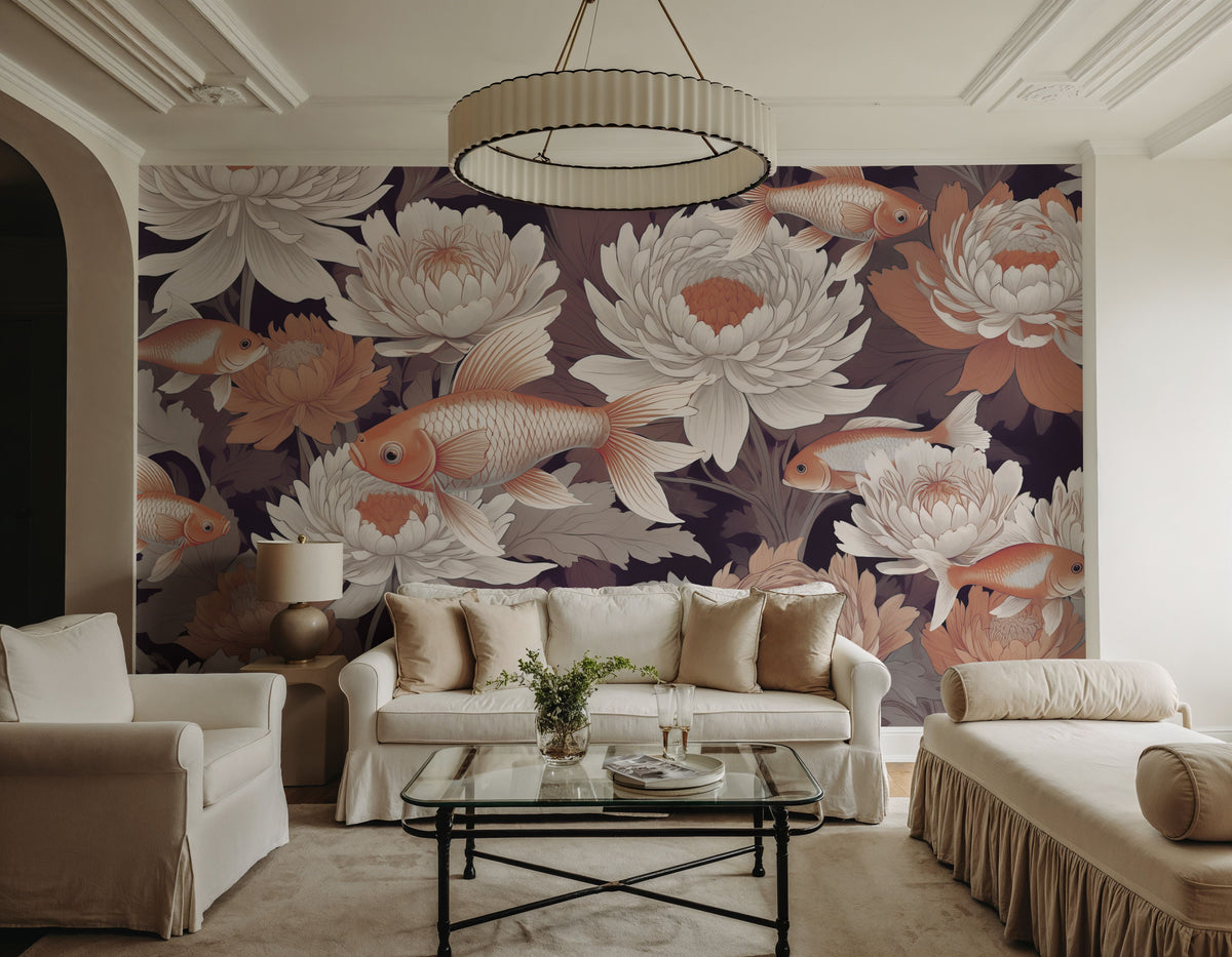 Dancing Fish, Dusty Orange Mural Wallpaper - room preview 03
