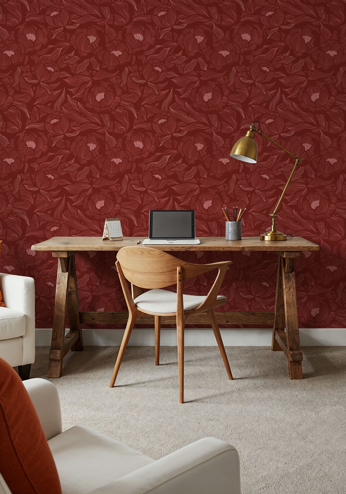Hidden Peonies, Pink on Brick Mural Wallpaper - room preview 03