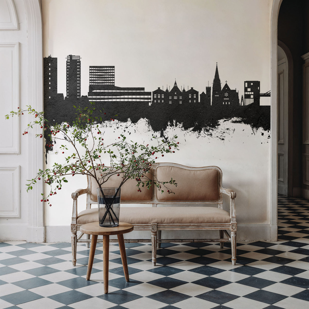 Umeå Skyline Black & White Mural Wallpaper - room preview 03