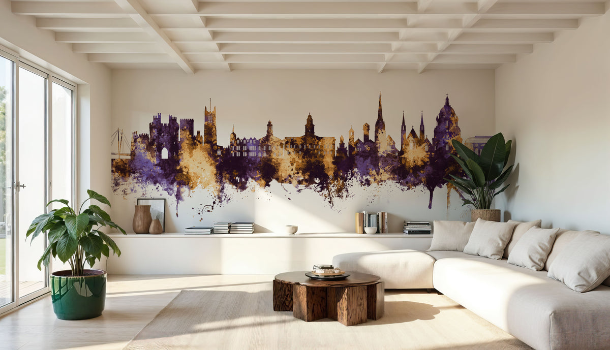 Lancaster England Skyline Purple & Gold Mural Wallpaper - room preview 03