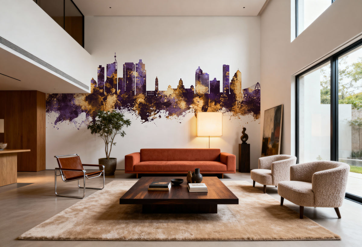 Durban South Africa Skyline Purple & Gold Mural Wallpaper - room preview 03