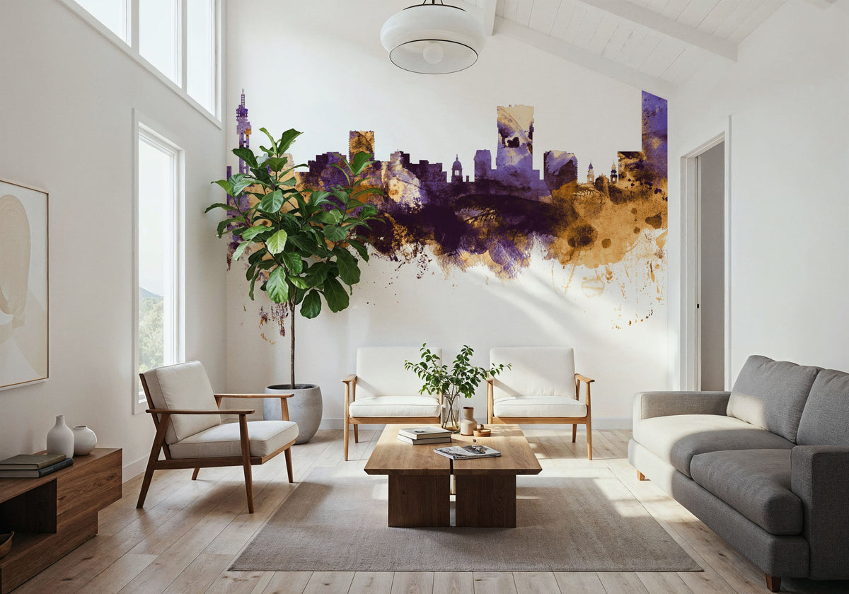 Pretoria South Africa Skyline Purple & Gold Mural Wallpaper - room preview 03