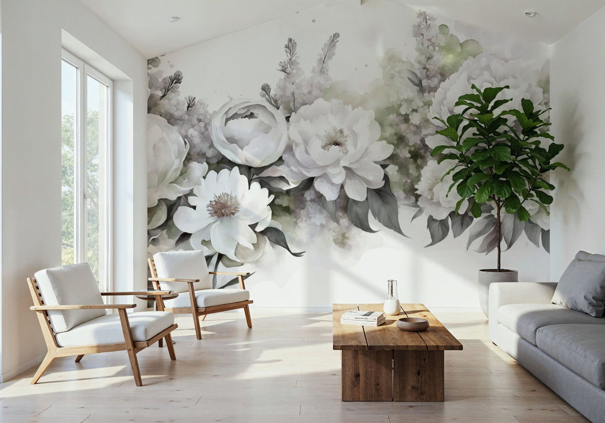 Peony Melody Green and Purple Mural Wallpaper - room preview 03
