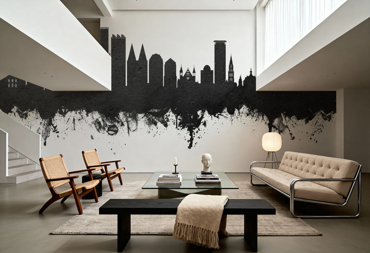 The Hauge Netherlands Skyline Black & White Mural Wallpaper - room preview 03