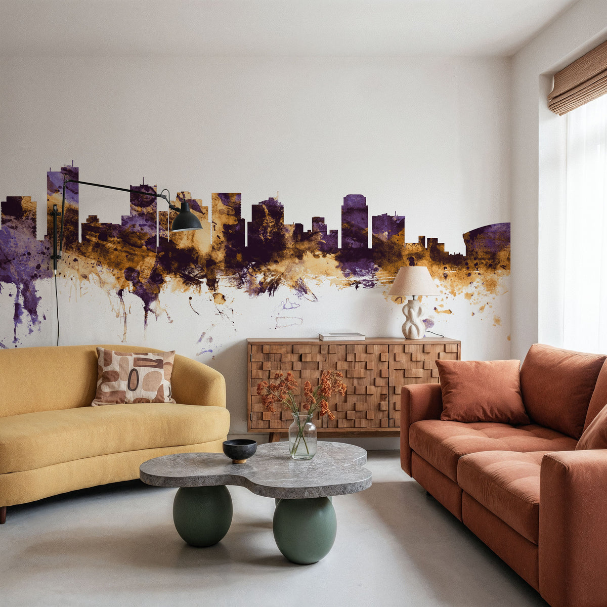 Phoenix Skyline Purple & Gold Mural Wallpaper - room preview 03