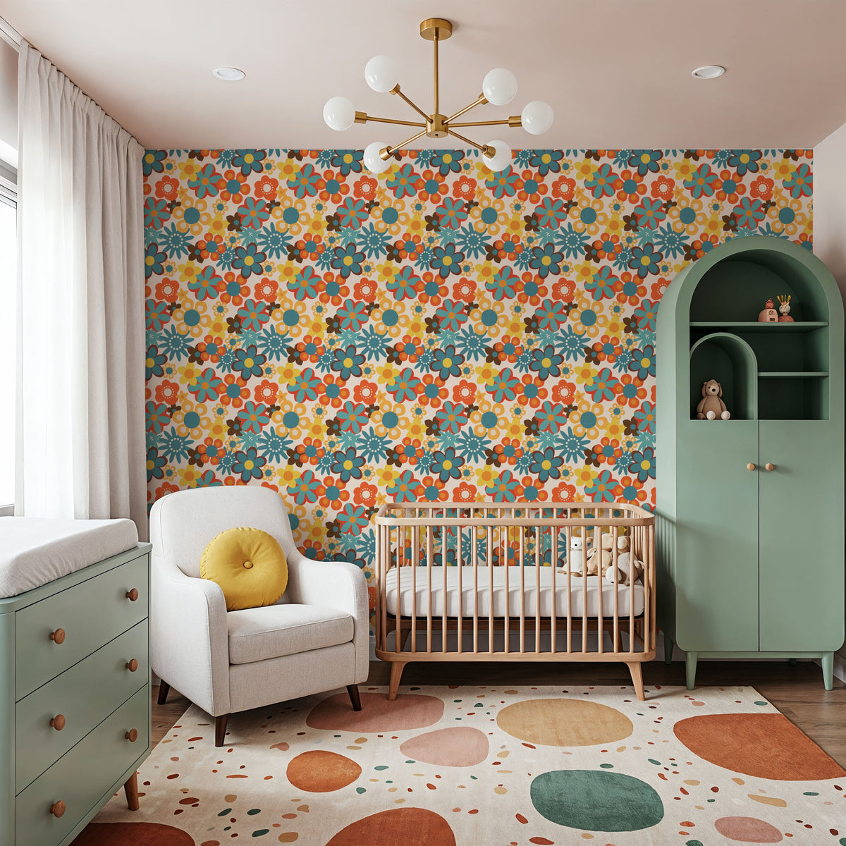 Flower Power, Yellow on Cream Mural Wallpaper - room preview 03