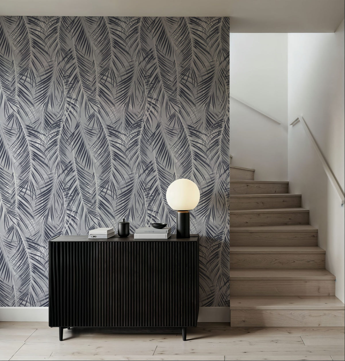 Swaying Palm Leaves, Grey Mural Wallpaper - room preview 03