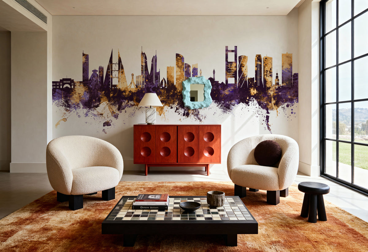 Manama Skyline Purple & Gold Mural Wallpaper - room preview 03