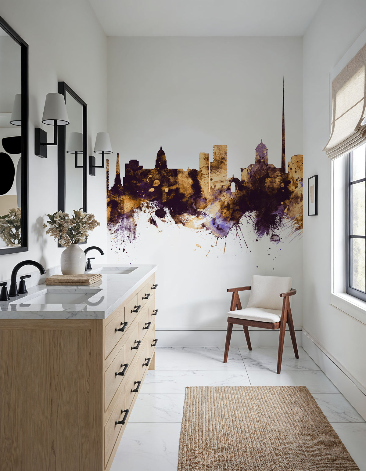 Dublin Ireland Skyline Purple & Gold Mural Wallpaper - room preview 03