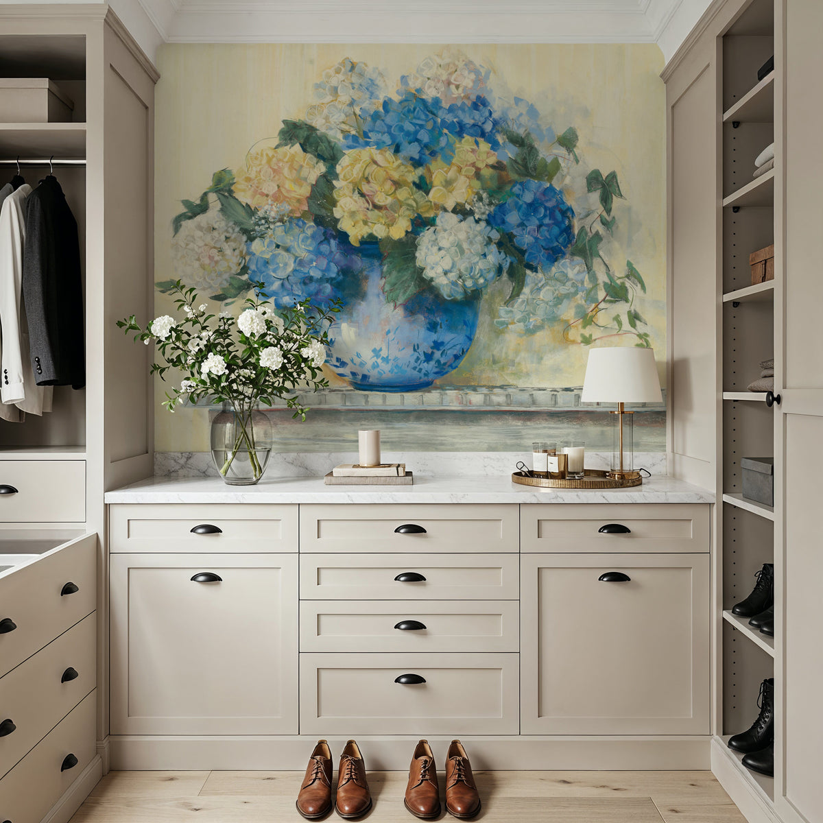 Blue Hydrangea Mural Wallpaper - Neutral Tone - room preview 03