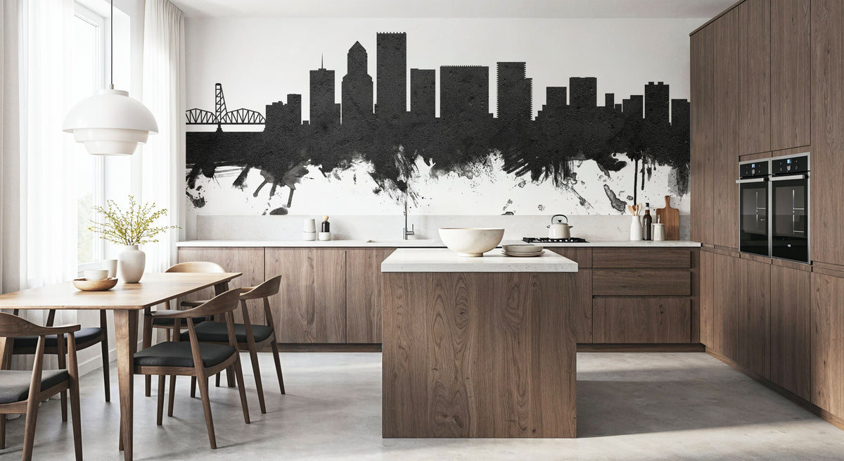 Portland Oregon Skyline Black & White Mural Wallpaper - room preview 03