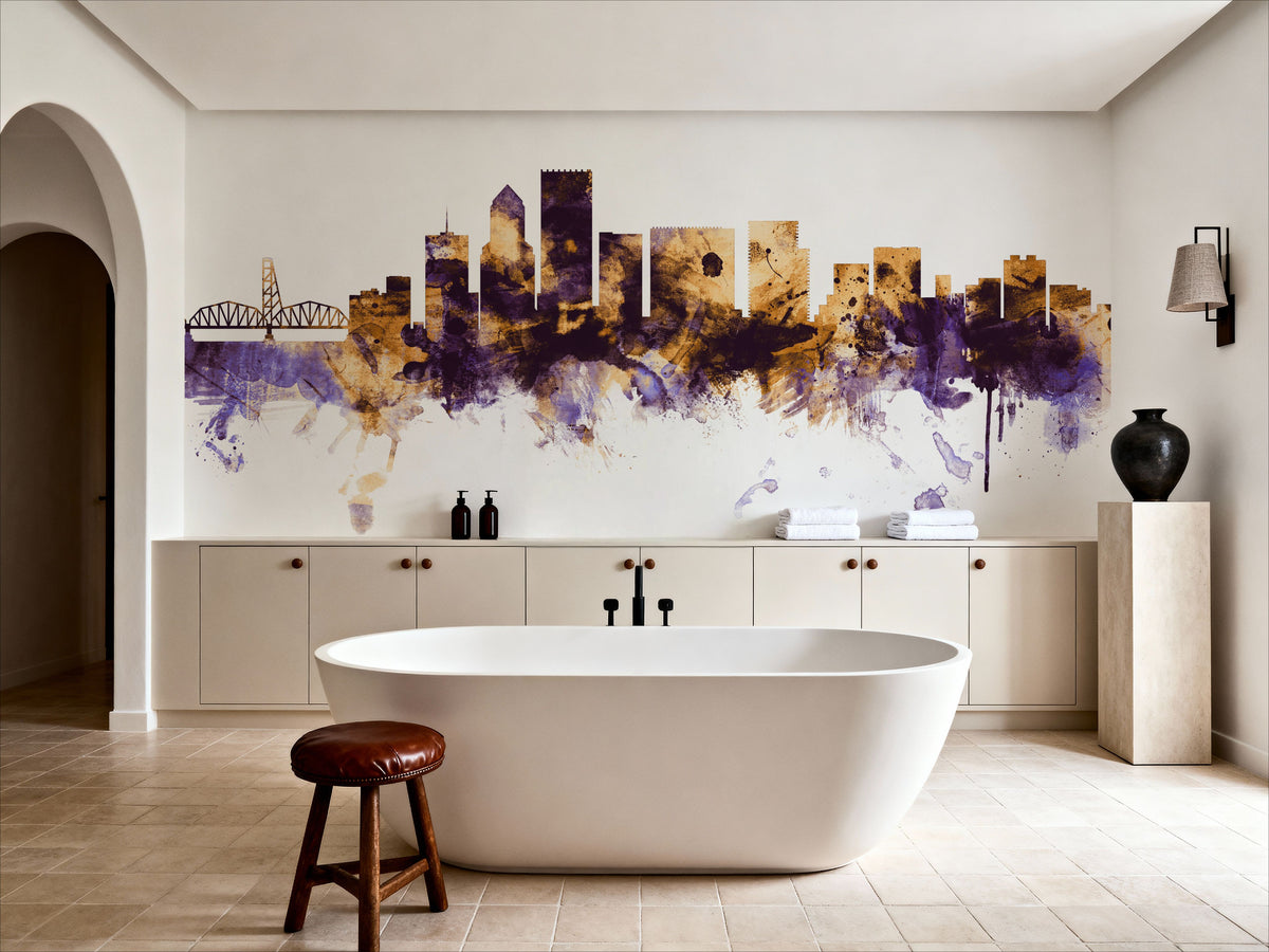 Portland Oregon Skyline Purple & Gold Mural Wallpaper - room preview 03