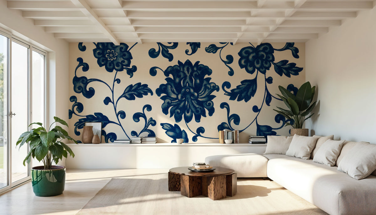 Chinese Ornament, Blue Flowers Mural Wallpaper - room preview 03